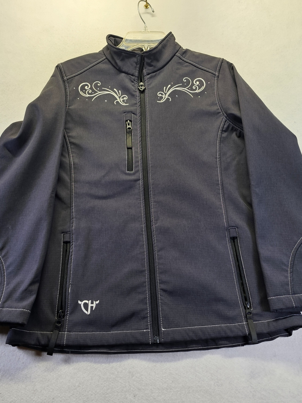 Women’s Gray Utility Softshell Jacket with Embroidered Accents